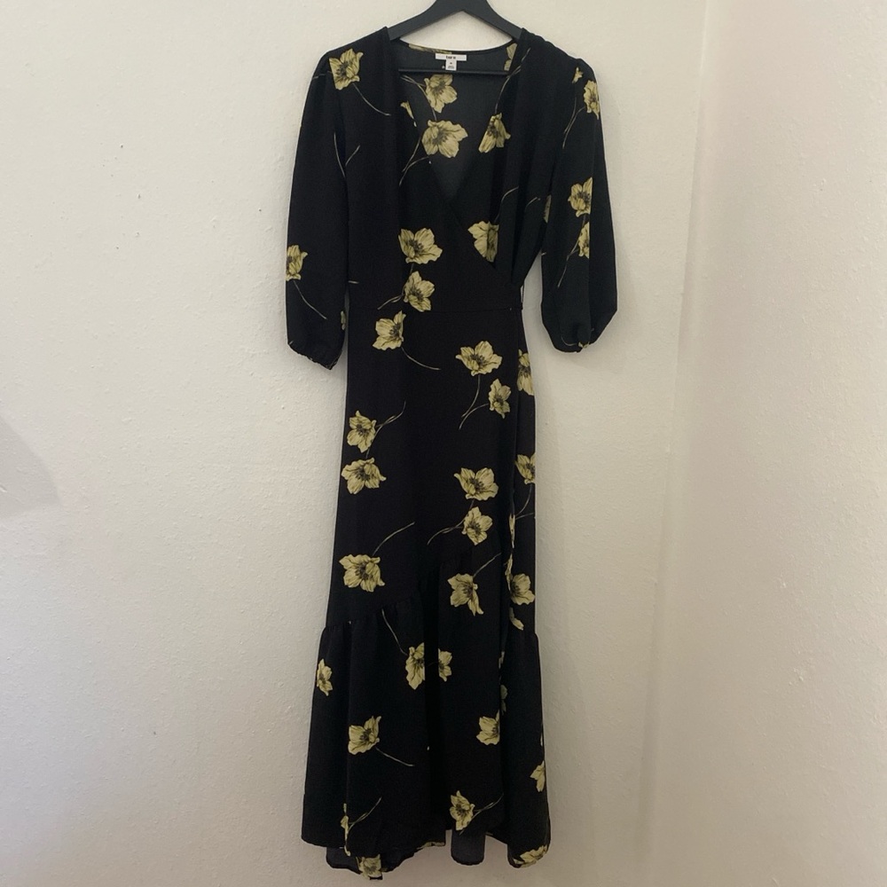 Bar III Black and Yellow Wrap Dress with Scoop Neck
